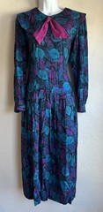 Vintage Lanz Originals Midi Dress 8 Jewel Tone Bow Collar Romantic Feminine 80s