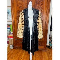 VTG 30s Sonnenfelds Black Sheared Lamb Red Fox Fur Coat Art Deco Hollywood S/M