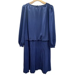 Vintage 70s Chez Tandy CA Drop Waist Pleated Dress Blouson Houndstooth Blue 22W
