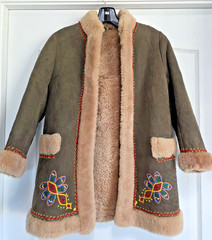 Vintage Shearling Coat Hippie Embroidered Sheepskin Suede Penny Lane Boho S XS