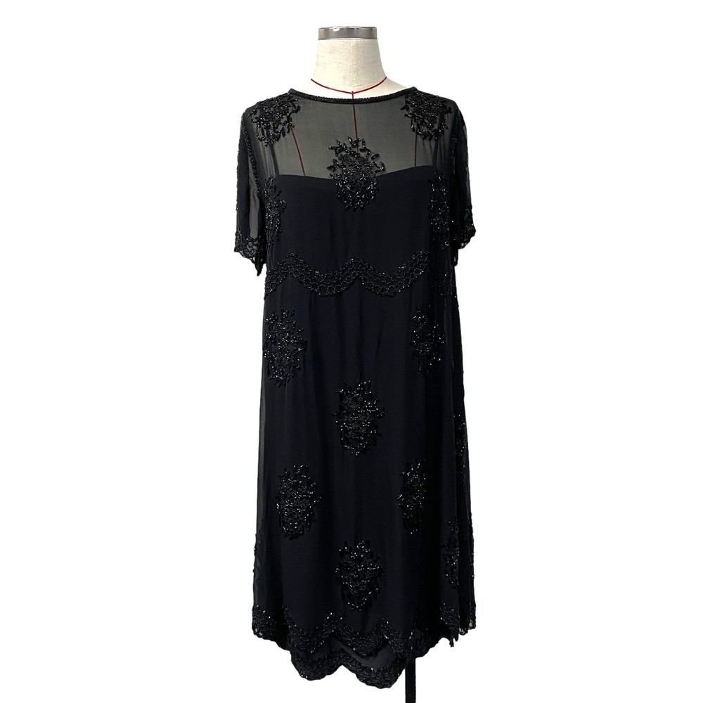 Vintage D’ore Womens Size 12 Black Beaded Sheer Dress Slip Set
