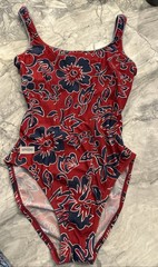 Vintage 90’s Speedo Retro One Piece Swim Suit Red Blue Floral Stripe Trim Sz 14