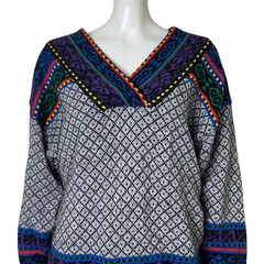 Vintage 90s European Colorful Boho Retro Art Sweater Wool Blend V Neck Medium