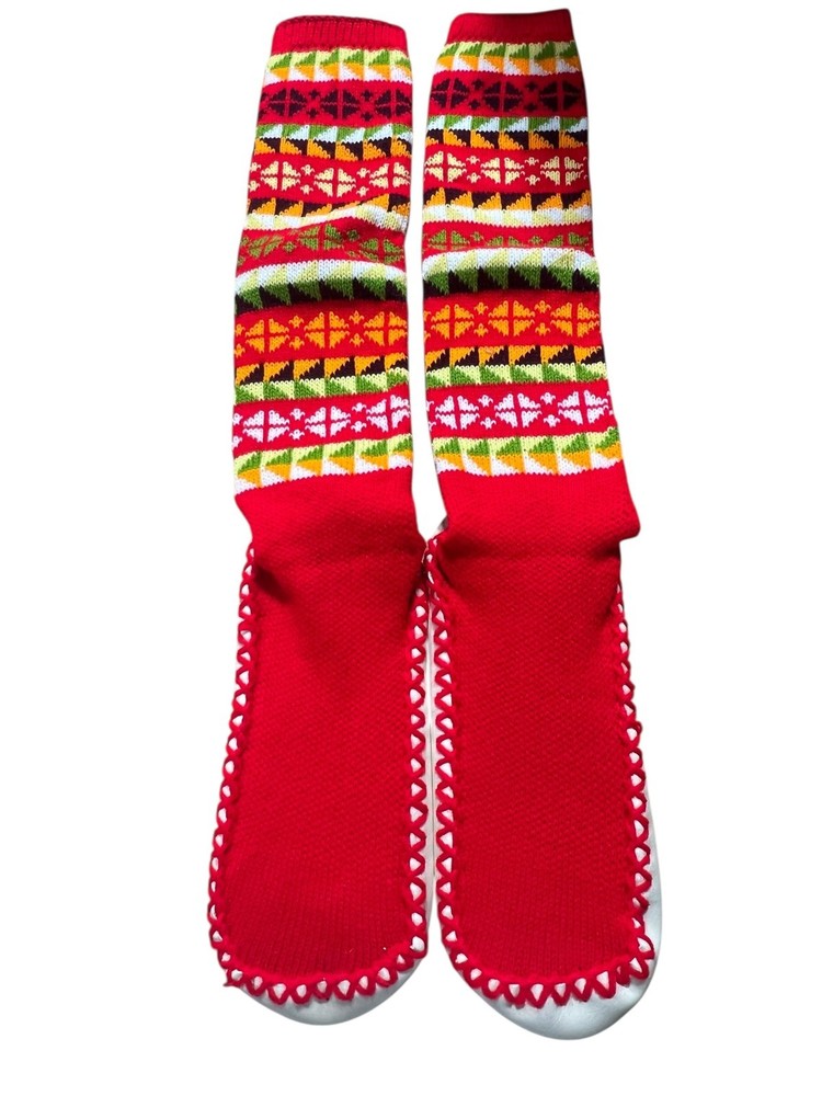 NOS M Vtg 70s Slipper Socks Red Creslan Knit Winnebagos Shoe Vinyl Sole