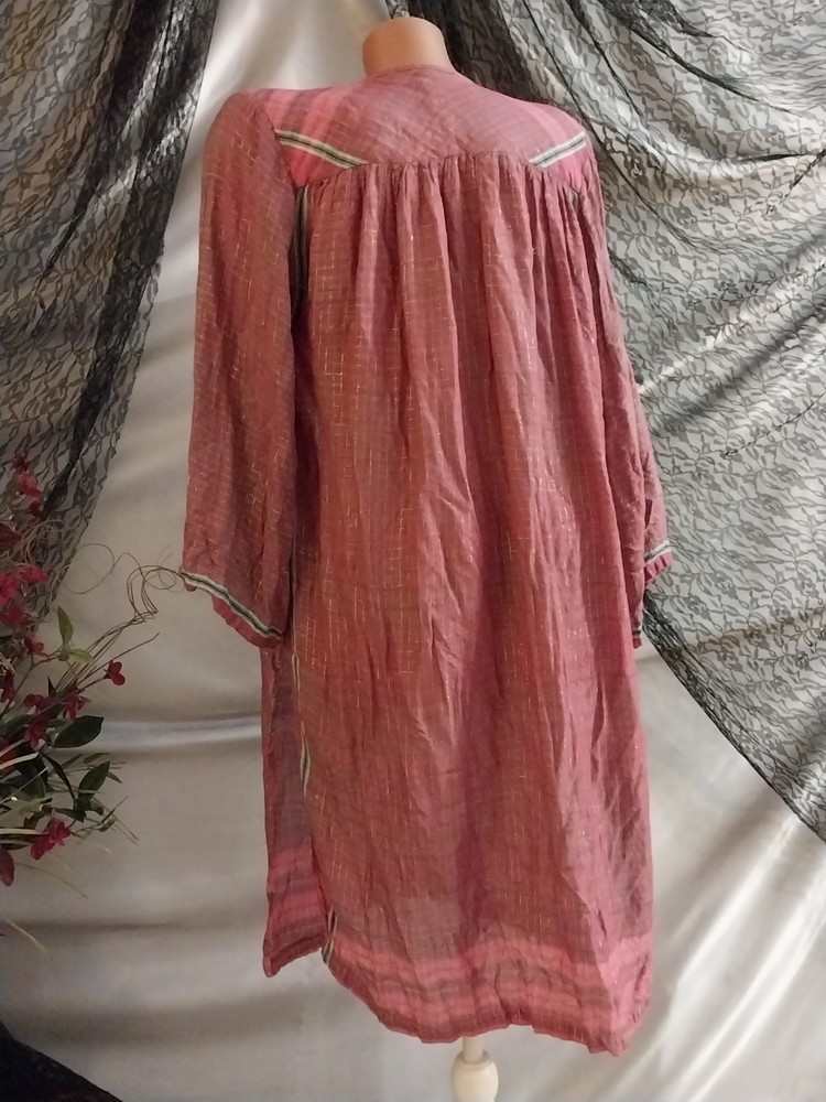 VTG india rayon lurex caftan boho hippie grunge pink gold blue dress 50″ GAUZE