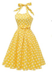 Vintage 50s Sundress Yellow White Polka Dots Fit and Flare Size S Adjustable