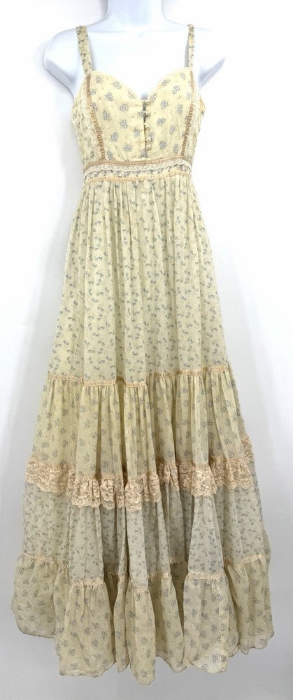 Vintage 70s Gunne Sax Cornflower Calico Floral Print Prairie Gown Size 9-FLAW
