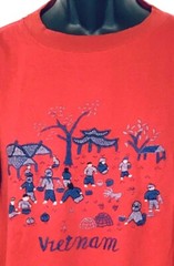 Vintage Embroidered Women’s Red T Shirt Short Sleeve Vietnam Village, XL