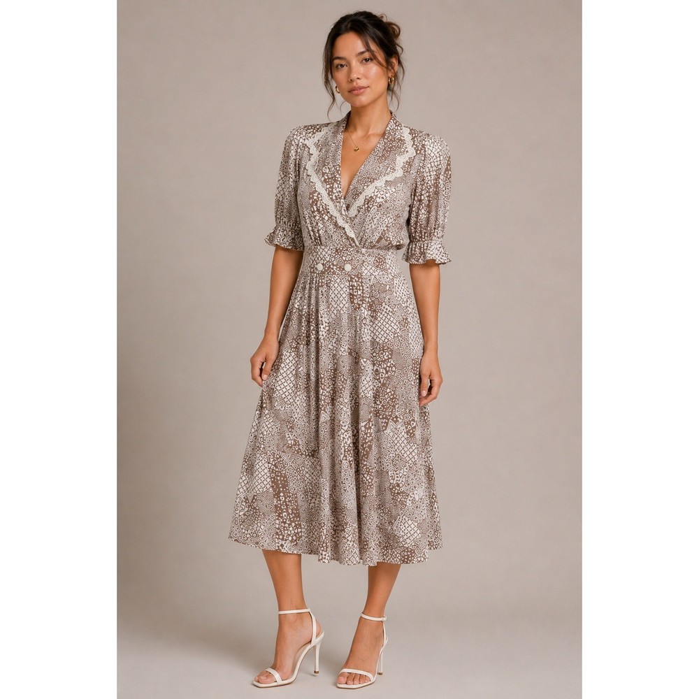 Vintage Brown Geometric Prairie Dress Lace Collar Cottagecore Midi Small