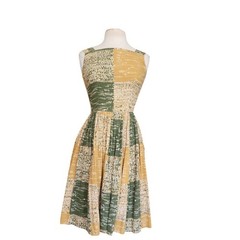 VTG 50s MCM Cotton Print Sun Dress Green Yellow Gingham Patchwork Rockabilly