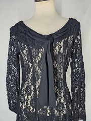 Vintage Karin Stevens Black Lace Dress Nude Illusion Bow Long Sleeve Midi