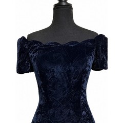 Roberta Vintage Navy Blue Crushed Velvet Off Shoulder Mini Dress Scalloped Neck