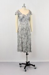 1950s Bird Pagoda Novelty Print Gray Pink Cape Back Custom Made Pinup Dress