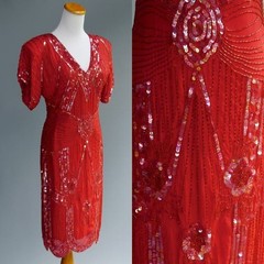 VTG 80s Swee Lo Trophy Wife Dress Red Silk Sequins Heavy Beaded Sexy Open Back S