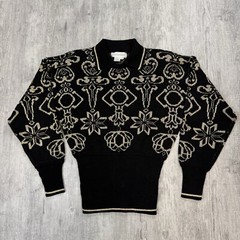 VTG 80S 90S OUTLANDER WOMENS METALLIC GOLD BLACK COLLARED KNIT SWEATER RETRO S
