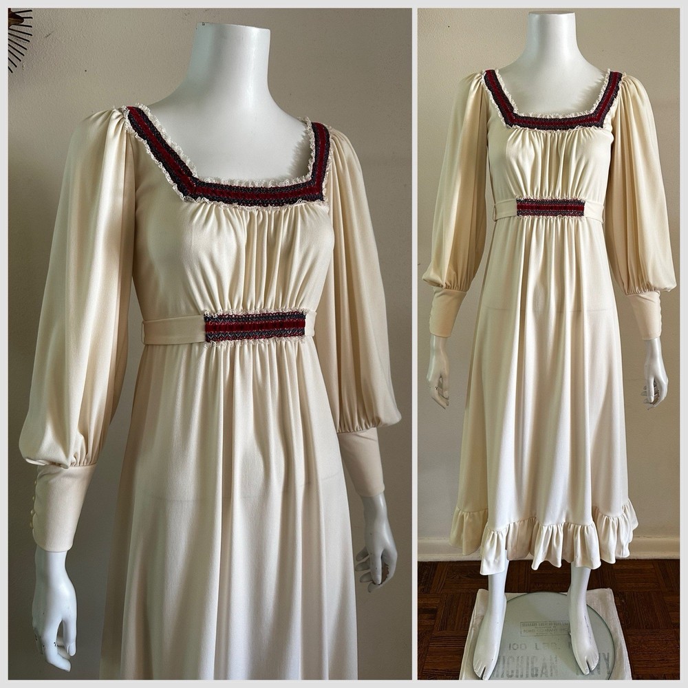 1970s Trolley Car Prairie Dress Balloon Sleeve Velvet Trim Belted Boho S Vintage