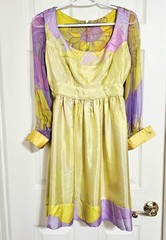 Vintage 60s Burke-Amey Floral Print Silk Chiffon Dress SM Yellow Purple COUTURE