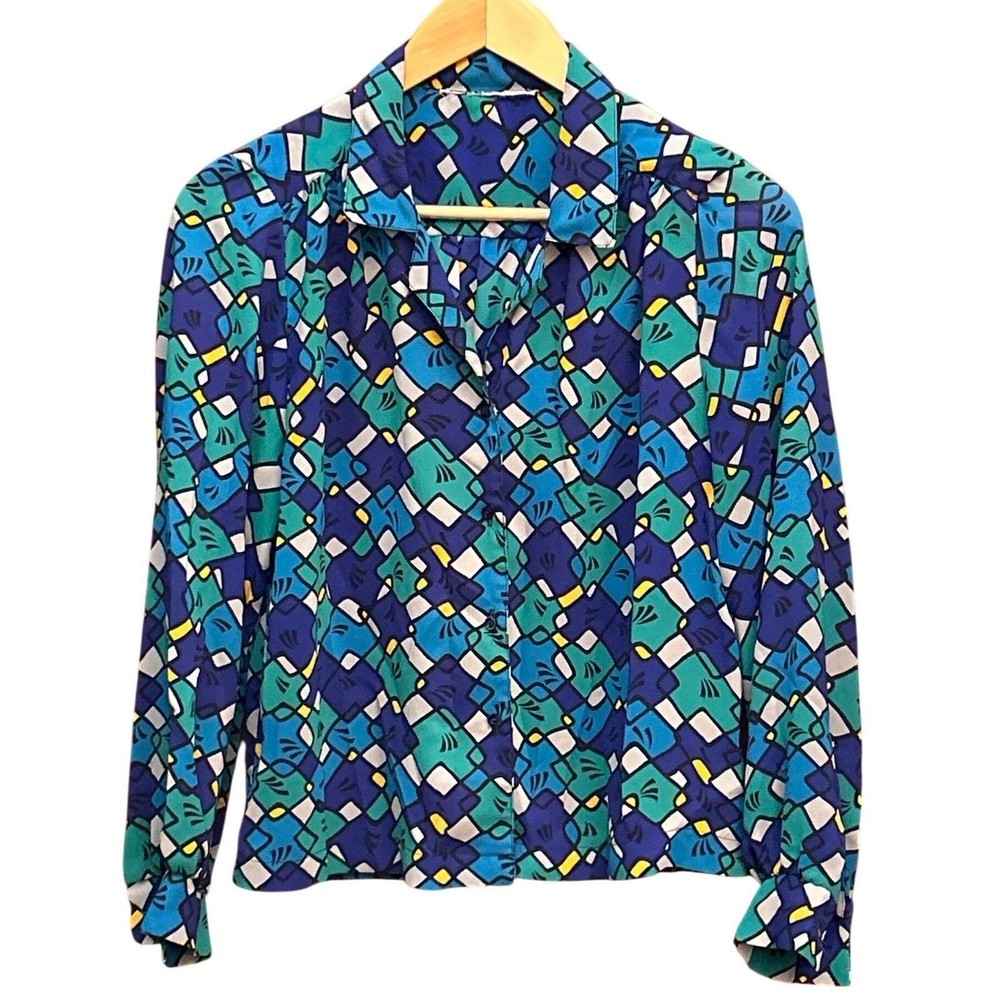 Vintage Blue Green Button Down Blouse Geometric Retro Mod Maximalist Memphis