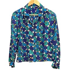 Vintage Blue Green Button Down Blouse Geometric Retro Mod Maximalist Memphis