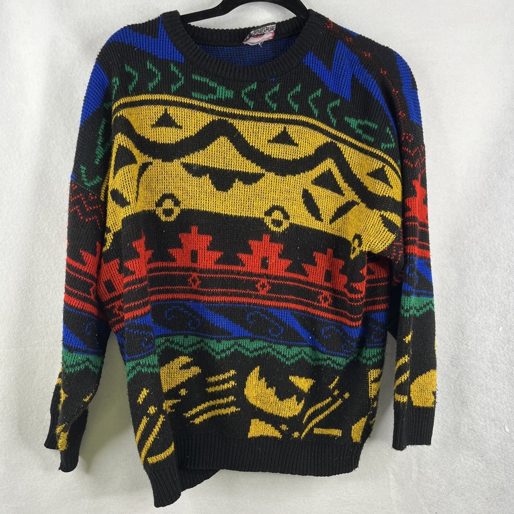 Vintage Fortune Knits Inc Womens Long SleeveSweater Black Blue Green Yellow Red