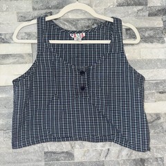 Vintage PASTA Blue Pink Plaid Crop Top Shirt M Medium 80s Buttons 100% Cotton