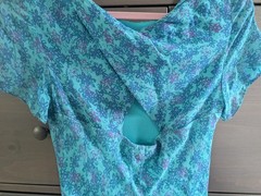 David Warren Petite Silk Floral Midi Dress Teal Purple Cutout Back Size 6P