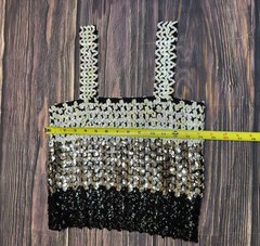Vintage 1970s 1980s Sequin Stretchy Party Disco Club Black Silver Ivory Crop Top