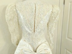 Vtge 80s Wedding Dress: Ivory Satin, Pearls, Sequins, Puff Sleeves, Basque Waist