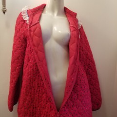 Vintage Red Calico Flannel Long Granny Prairie Quilted Robe Lounge Maxi M/42