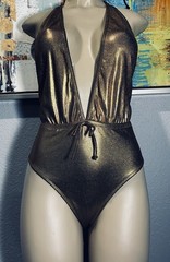Vtg Gold Metallic One Piece Shape FX Halter Swimsuit 14