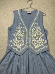 Vintage Lanz Originals Blue Chambray Midi Dress Vest Embroidery Cottagecore