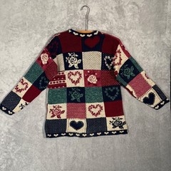Classic Elements Vintage 90s Patchwork Heart Rose Knit Sweater Petite Large USA