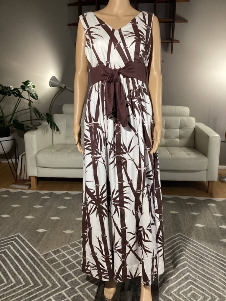 Vintage 60s 70s Ruth Clarage Hand Printed Tropical Maxi Dress Bamboo Sz 16