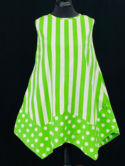 Vintage 1960s bright green stripes & polka dots tent mini dress white sleeveless