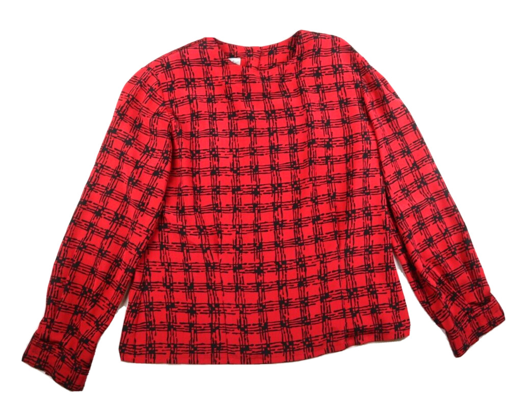 VINTAGE RED & BLACK PLAID LONG SLEEVE SILKY TEXTURED BLOUSE JACQUELINE FERRAR 12