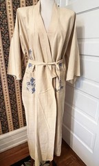 Vtg Chinese 1930s Dragon Kimono Robe Blue Embroidery Cream Linen Unisex EUC