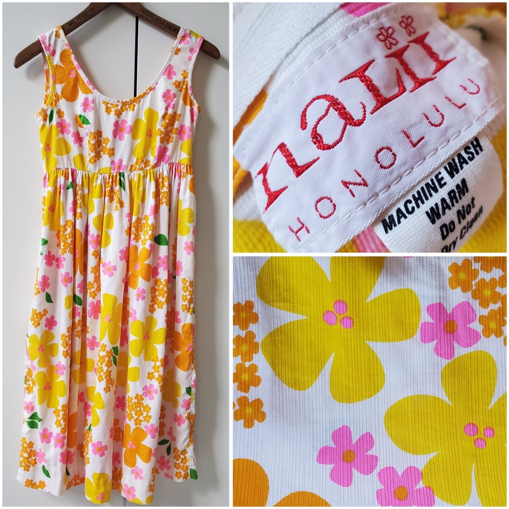 Vintage 1960s Mod PSYCHEDELIC Hawaiian Baby Doll Tiki Dress Midi Kaftan Cotton