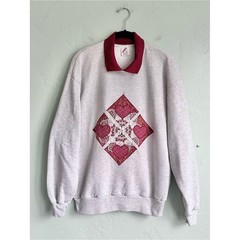 Vintage 80’s 90’s Jerzees Collared Sweatshirt Quilted Hearts Large Cottagecore