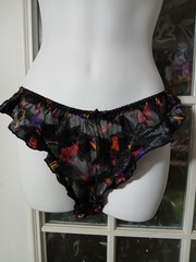 Vintage XL Satin Frilly Flutter panty Black Classic Shoe Sheer Embroidered Sexy