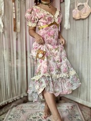 Vintage 60s/70s Romantic Revival Pink Floral Gown with Lace Trim, Size S-M
