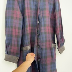 Ted Lapidus Couture Women’s Coat Navy Burgundy Plaid Leather Trim FR 42