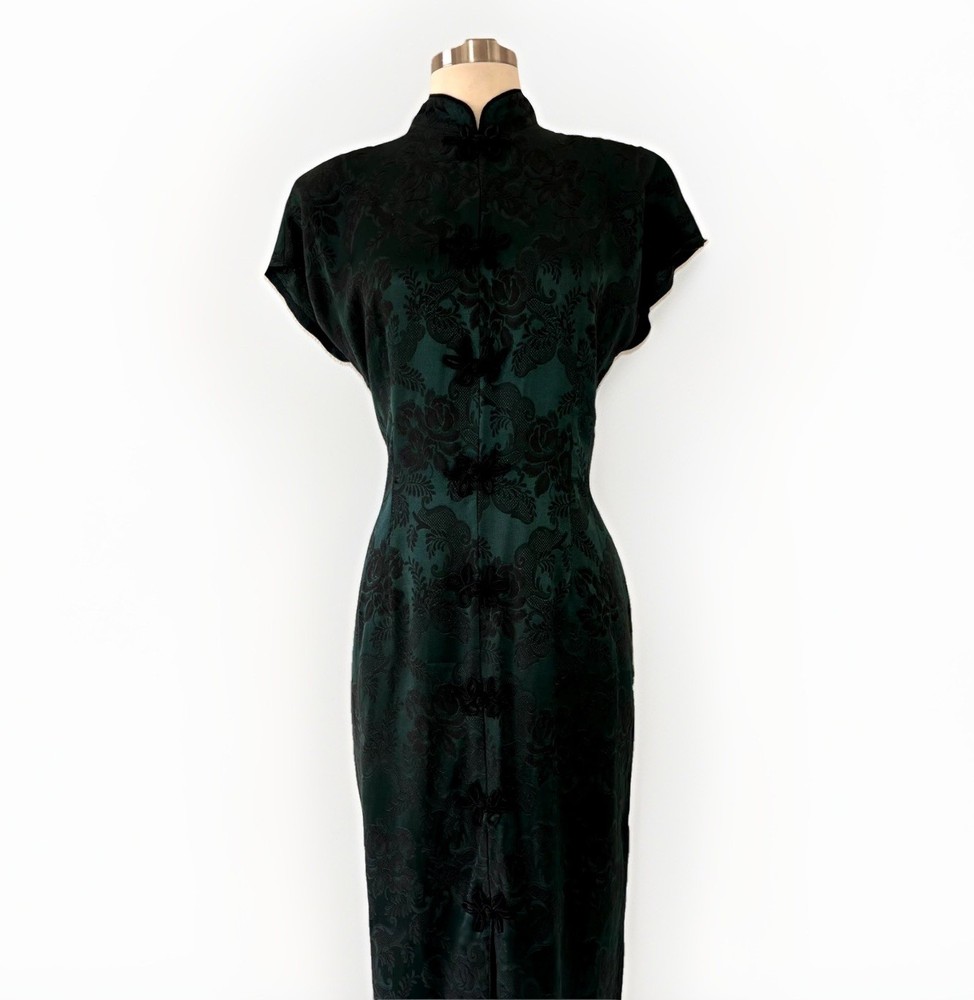 Vintage La Belle Womens Asian Midi Dress 10 Green Print 90s USA Frog Fastener