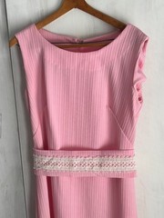 Vintage 60s 70s Pink Ribbed Mod Maxi Long Sheath Dress Crochet Lace Belt M/L