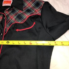 Vintage Ely Plains Womens Black Pearl Snap Western Shirt Sz 15/16 Red Trim Plaid