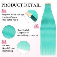 MAXITA Hair Extensions Human Hair Teal Green Tape in Color 10pcs 25g 18in Highli
