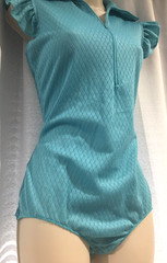 Vtg Blue Diamond Print Nylon Bodysuit Zip Wide Collar Top M USA
