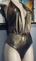 Vtg Gold Metallic One Piece Shape FX Halter Swimsuit 14