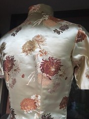 Vintage 50s Asian Silk Brocade Cheongsam Dress Floral Champagne Bodycon, S or M