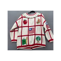Vintage The Eagle’s Eye Hand Knit Teacher School Cardigan Sweater Cream Red 1993