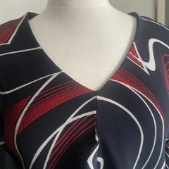 VTG Secret Navy Red Swirl Sheer Blouse – Bell Frill Ruffle Sleeve – L – USA